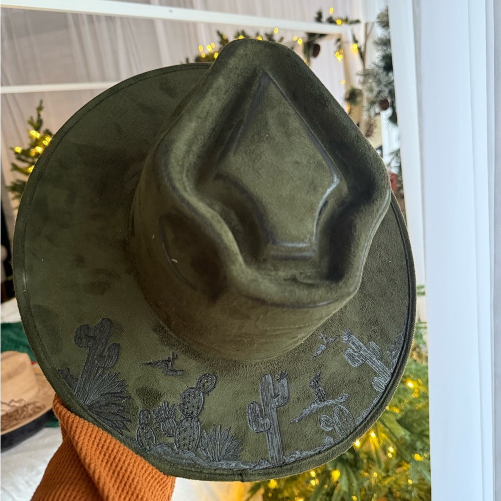 Olive Green Western Hat with Cactus Design